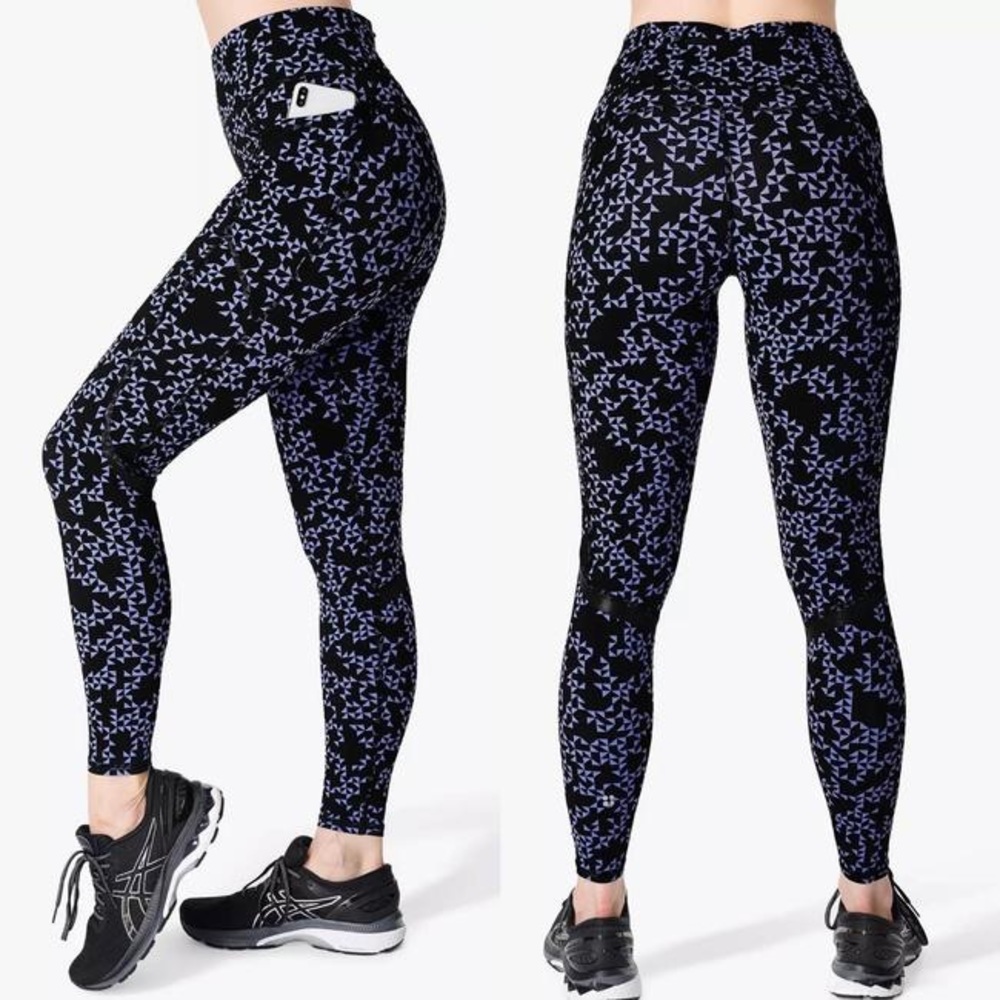 Sweaty Betty Zero Gravity Pocket 7/8 Running Leggings Blue Triangles Size XS